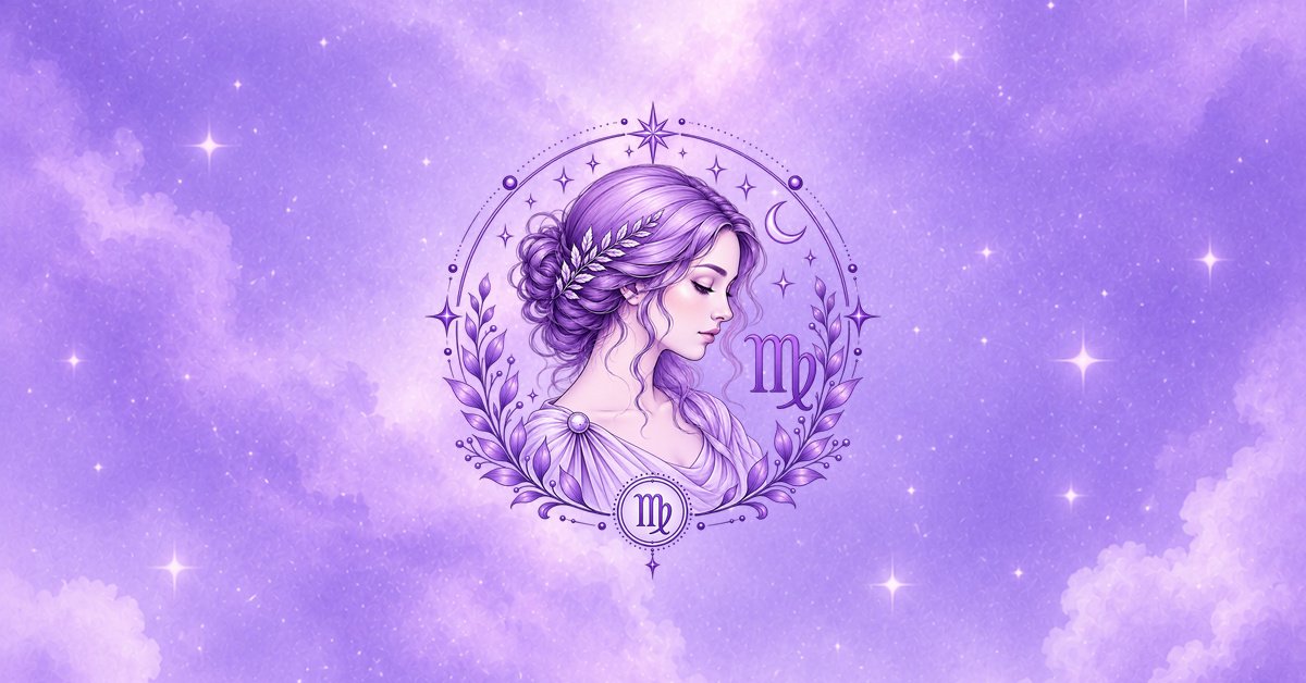 Virgo zodiac sign surrounded by purple clouds and mystical light
