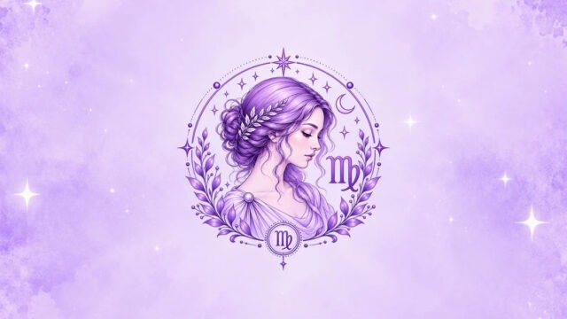 Virgo zodiac sign symbol with a soft purple celestial background
